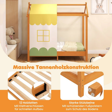 Kinderhausbett mit Dach &amp; abnehmbarem Betthimmel &amp; 12 Massivholzlatten Bodenbettrahmen