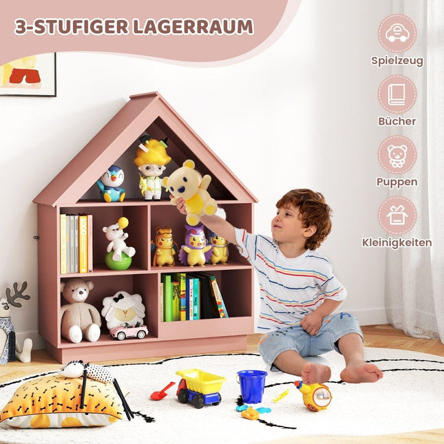 Bibliothèque en forme de maison pour enfants, étagère pour enfants en bois avec 5 compartiments, 88 x 34 x 108 cm, rose