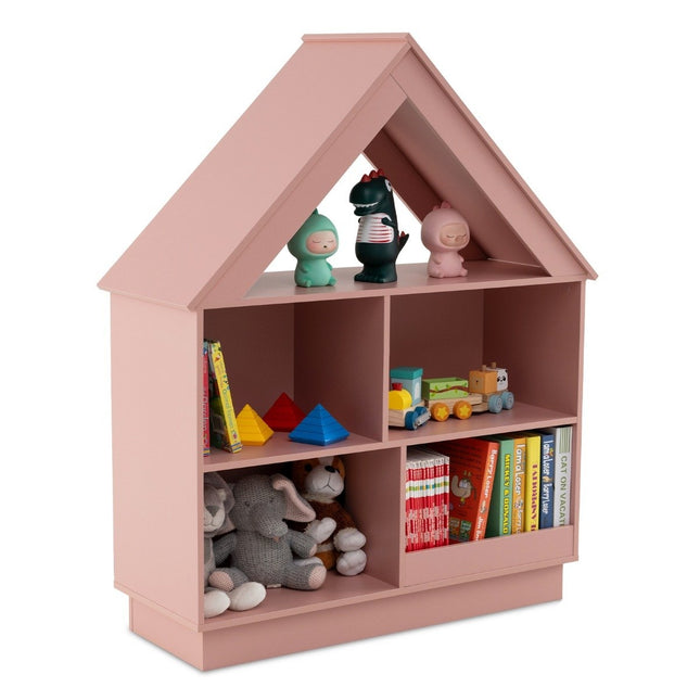 Bibliothèque en forme de maison pour enfants, étagère pour enfants en bois avec 5 compartiments, 88 x 34 x 108 cm, rose