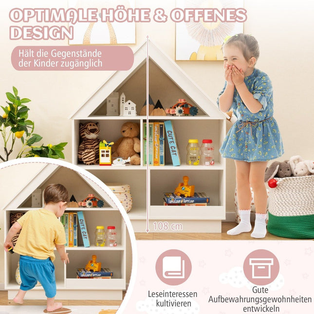 Bibliothèque en forme de maison pour enfants, étagère pour enfants en bois avec 5 compartiments, 88 x 34 x 108 cm, blanc
