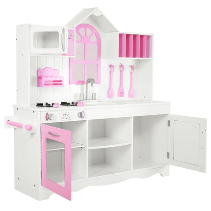 Kinderküche Spielküche aus Holz mit Spüle &amp; Haken &amp; Backofen &amp; Mikrowelle rosa &amp; weiß