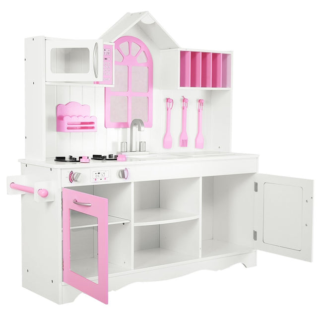 Cuisine pour enfants cuisine de jeu en bois avec évier & crochets & four & micro-ondes rose & blanc