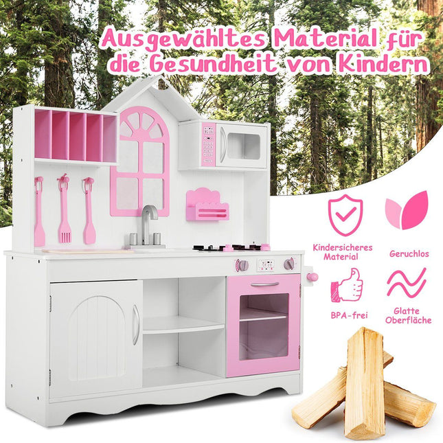 Cuisine pour enfants cuisine de jeu en bois avec évier & crochets & four & micro-ondes rose & blanc