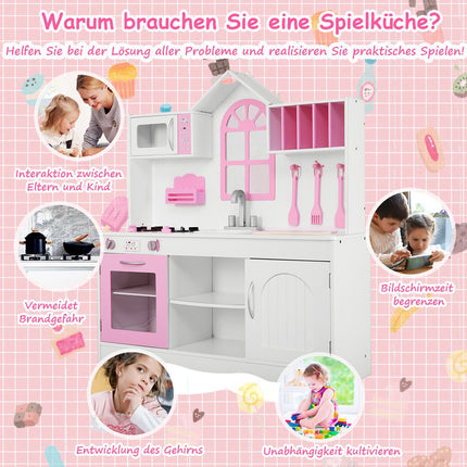 Kinderküche Spielküche aus Holz mit Spüle &amp; Haken &amp; Backofen &amp; Mikrowelle rosa &amp; weiß
