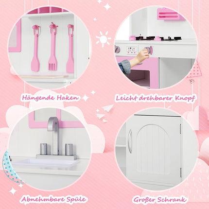 Kinderküche Spielküche aus Holz mit Spüle &amp; Haken &amp; Backofen &amp; Mikrowelle rosa &amp; weiß
