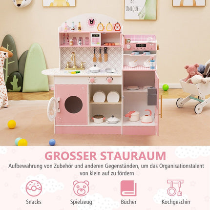 Kinderküche mit 27 Zubehörteilen, Spielküche aus Holz mit Uhr, Mikrowelle, rosa