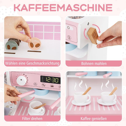 Kinderküche mit 27 Zubehörteilen, Spielküche aus Holz mit Uhr, Mikrowelle, rosa