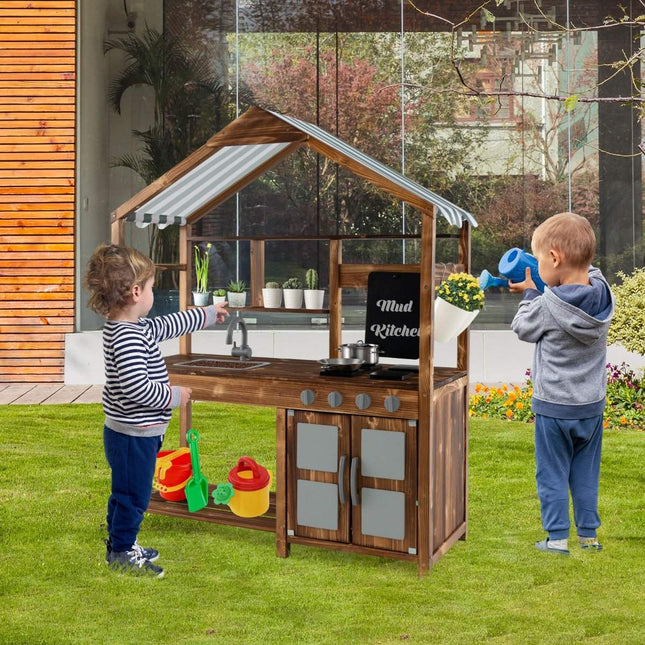 Cuisine en terre cuite pour enfants en bois massif avec auvent, tableau noir et évier amovible
