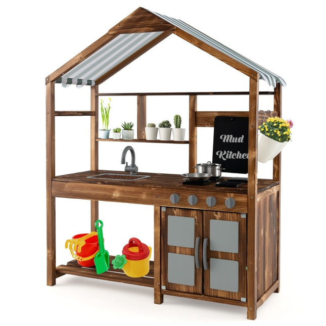 Cuisine en terre cuite pour enfants en bois massif avec auvent, tableau noir et évier amovible