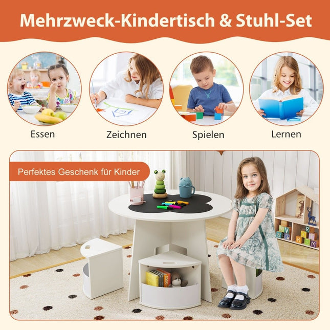 Kindertisch- und Stuhlset rund, 5-teilige Kindersitzgruppe aus Holz mit 4 Hockern mit Stauraum, weiß