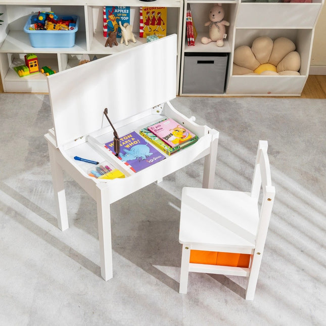 Kindertisch + Stuhl aus Massivholz mit klappbarer Tischplatte &amp; Schublade &amp; Haken weiß