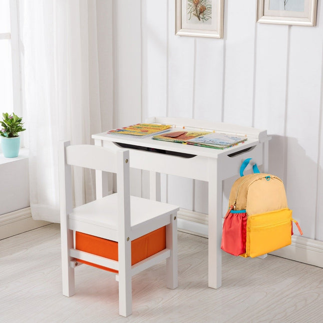 Kindertisch + Stuhl aus Massivholz mit klappbarer Tischplatte &amp; Schublade &amp; Haken weiß