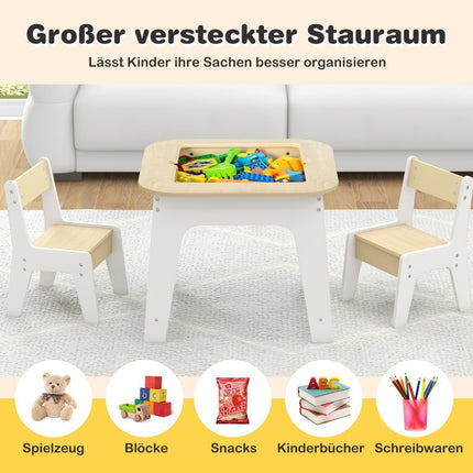 Kindertisch mit 2 Stühlen 3-teilige Kindersitzgruppe aus Holz mit doppelseitiger Tischplatte