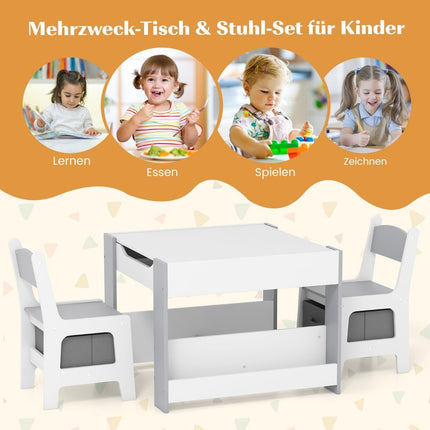 Kindertisch mit 2 Stühlen &amp; Wendetischplatte &amp; Bücherregale 3-teilige Kindersitzgruppe grau