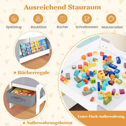 Kindertisch mit 2 Stühlen &amp; Wendetischplatte &amp; Bücherregale 3-teilige Kindersitzgruppe grau