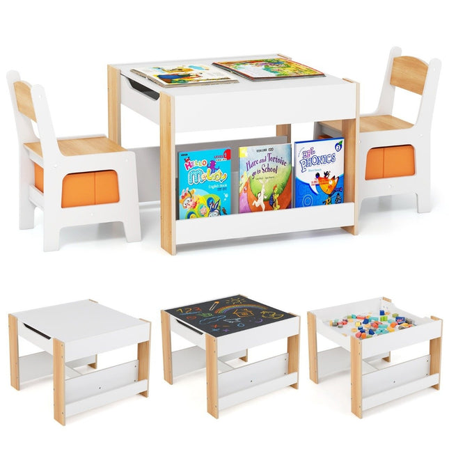 Table pour enfants avec 2 chaises &amp; Plateau de table réversible &amp; Bibliothèque groupe de sièges pour enfants 3 pièces naturel