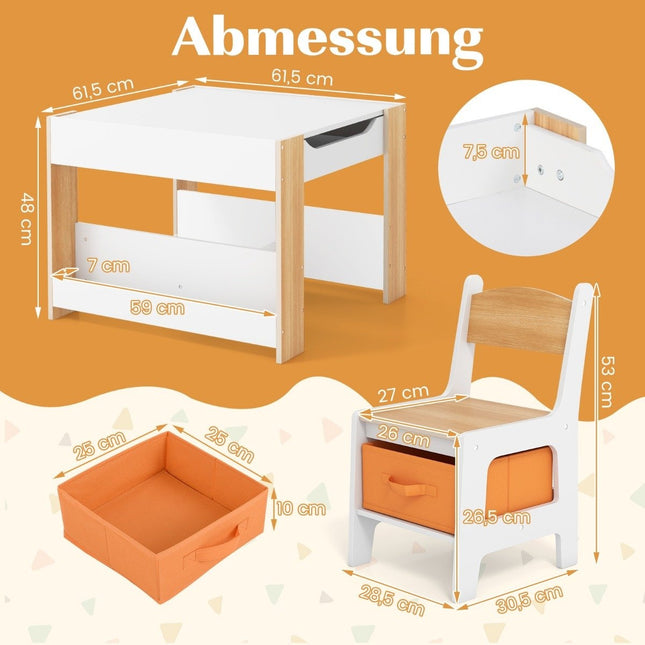 Table pour enfants avec 2 chaises &amp; Plateau de table réversible &amp; Bibliothèque groupe de sièges pour enfants 3 pièces naturel