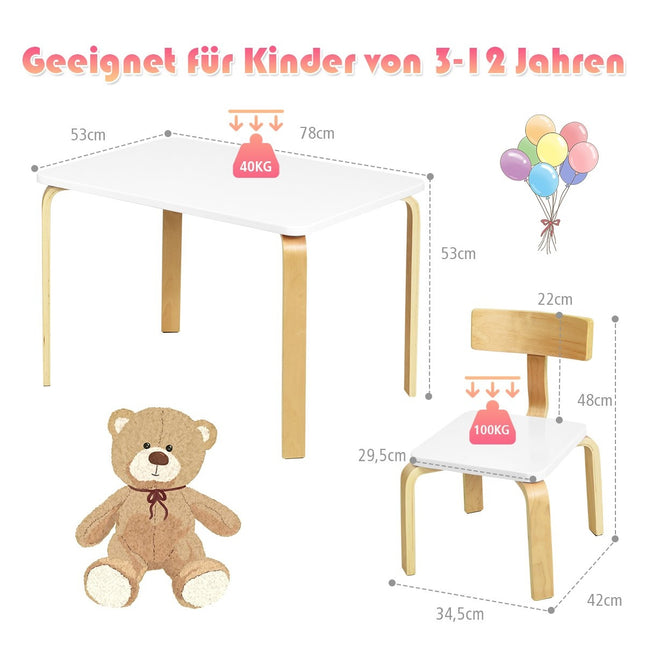 Kindertisch mit 2 Holzstühlen 3 tlg. Kindersitzgruppe Sitzgruppe für Kinder weiß