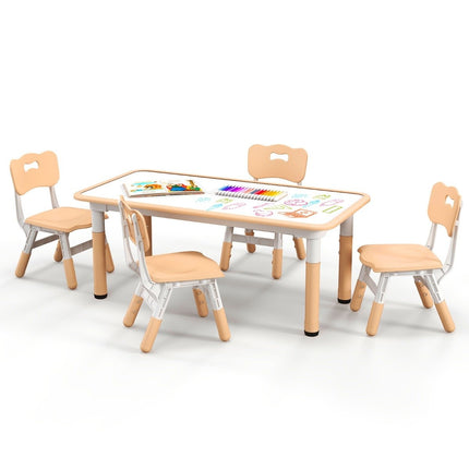 Kindertisch mit 4 Stühlen Set mit Graffiti-Tischplatte. Höhenverstellbare Kindersitzgruppe natur