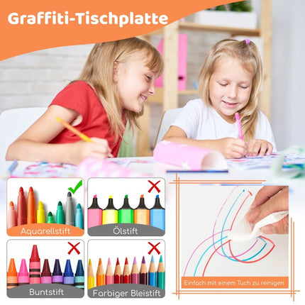 Kindertisch mit 4 Stühlen Set mit Graffiti-Tischplatte. Höhenverstellbare Kindersitzgruppe natur