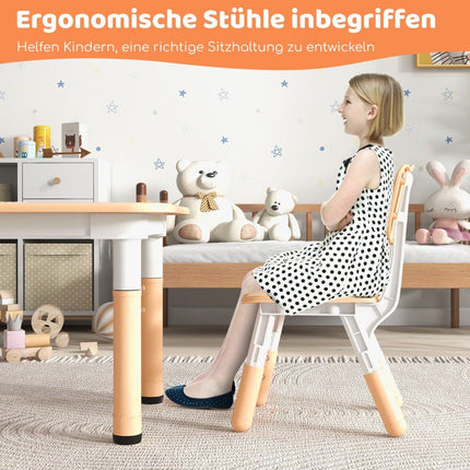 Kindertisch mit 4 Stühlen Set mit Graffiti-Tischplatte. Höhenverstellbare Kindersitzgruppe natur