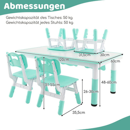 Table pour enfants avec 4 chaises avec plateau graffiti, groupe de sièges pour enfants réglable en hauteur, vert