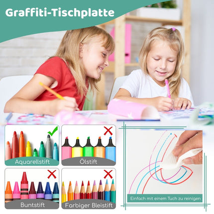 Table pour enfants avec 4 chaises avec plateau graffiti, groupe de sièges pour enfants réglable en hauteur, vert