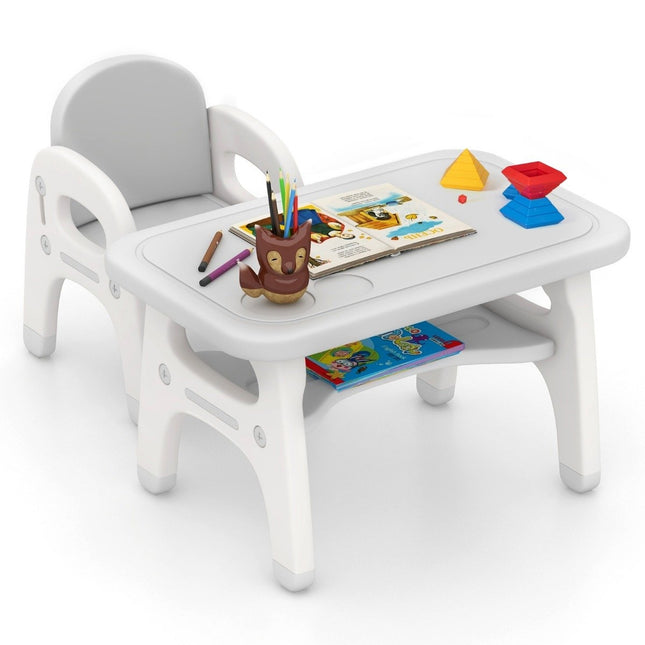 Kindertisch mit Stuhl Kindersitzgruppe mit Bauklötzen &amp; Regal Kindertisch Stuhl Set grau