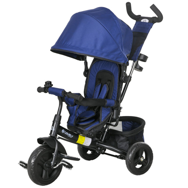 Tricycle pour enfants, vélo pour enfants, panier arrière, porte-gobelet, pare-soleil, métal, bleu foncé