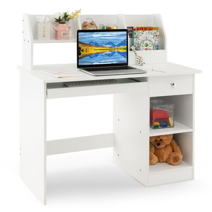 Kinderschreibtisch aus Holz mit Stauraum &amp; Bücherregal &amp; Tastaturablage &amp; Schublade weiß