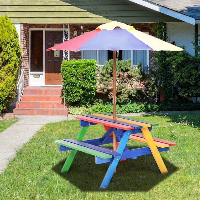 Ensemble de sièges en bois pour enfants, salon de jardin, meubles pour enfants, table pour enfants avec parasol et 2 bancs pour l'extérieur