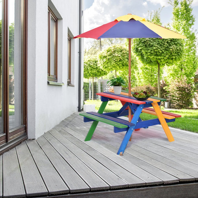 Ensemble de sièges en bois pour enfants, salon de jardin, meubles pour enfants, table pour enfants avec parasol et 2 bancs pour l'extérieur