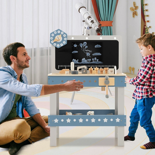 Etabli en bois pour enfants avec tableau noir & horloge & 61 accessoires pour enfants à partir de 3 ans bleu