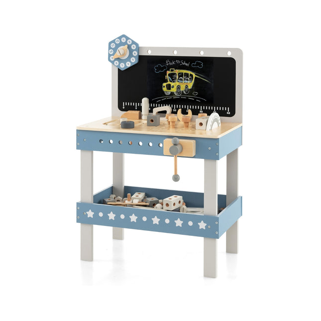 Etabli en bois pour enfants avec tableau noir & horloge & 61 accessoires pour enfants à partir de 3 ans bleu