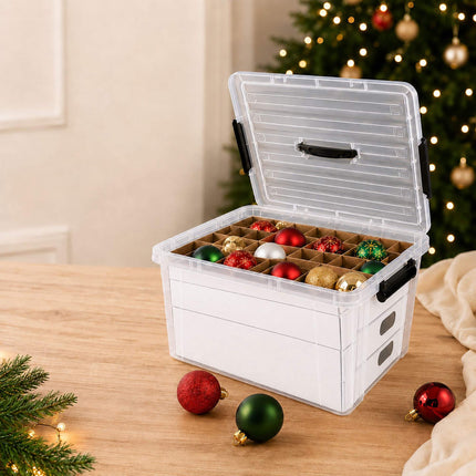 Christmas Bauble Storage Box with Carry Handle, 4 Levels, Transparent