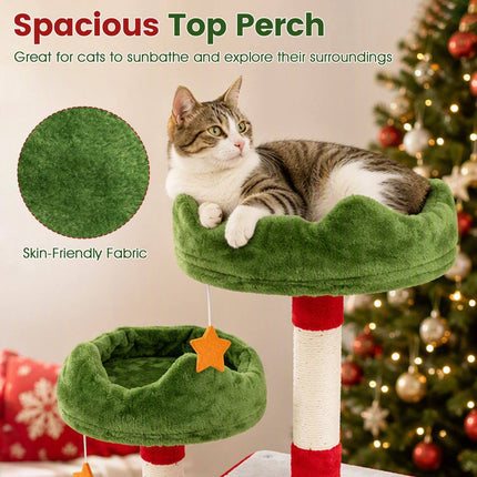 Christmas Cat Tree 75 Inch with 2 Large Condos and Hammock, Red/Green