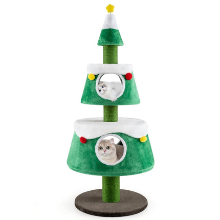 Arbre à chat de Noël avec 2 niches, poteaux en sisal et peluches