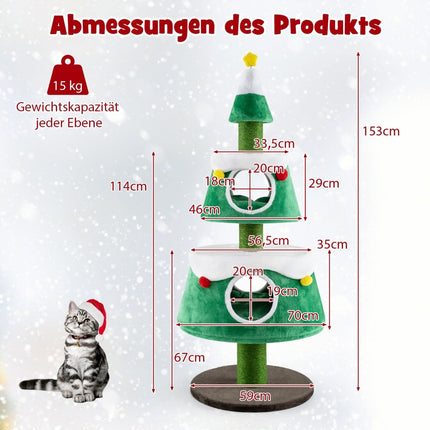 Arbre à chat de Noël avec 2 niches, poteaux en sisal et peluches
