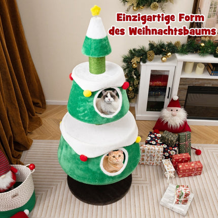 Arbre à chat de Noël avec 2 niches, poteaux en sisal et peluches