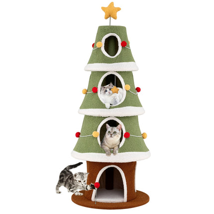 Weihnachts-Katzenbaum mit 4 gemütlichen Höhlen & Sisal-Teppich