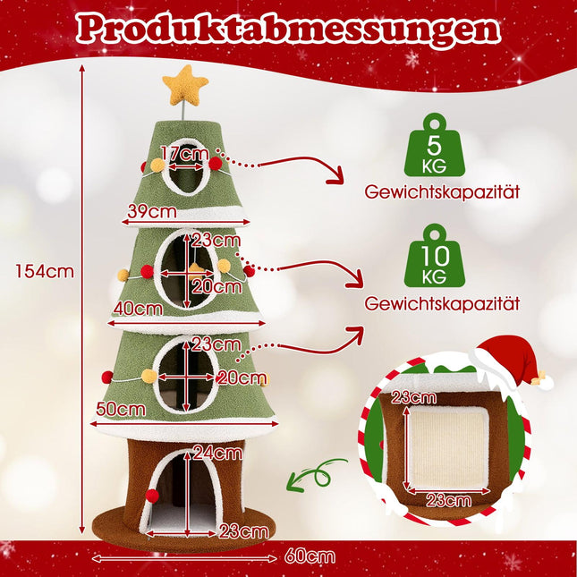 Arbre à chat de Noël avec 4 niches douillettes et tapis en sisal