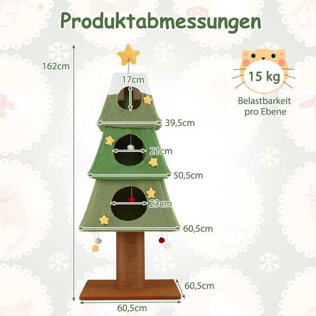 Arbre à chat de Noël avec poteau en sisal, 162 cm, vert