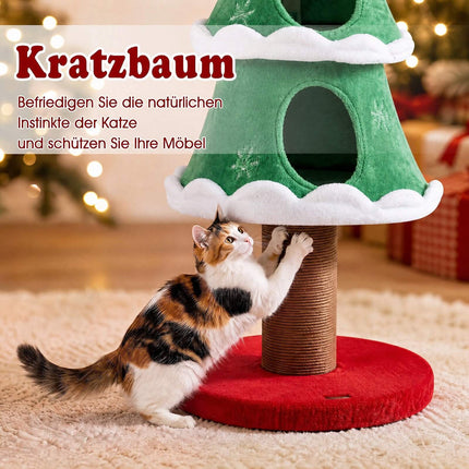 Weihnachtskatzenbaum mit Schneedekorationen, 130 cm hoch