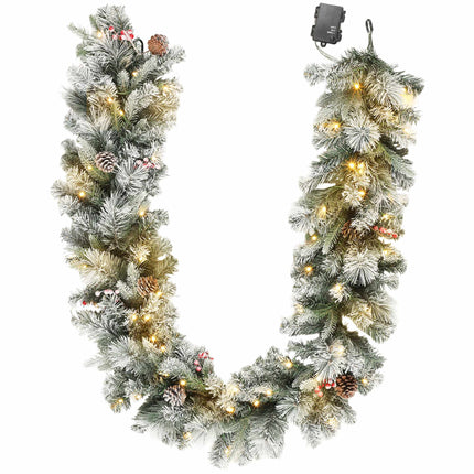 Christmas Garland with 50 LED Lights and 216 Snowy Tips, Timer, Green, White