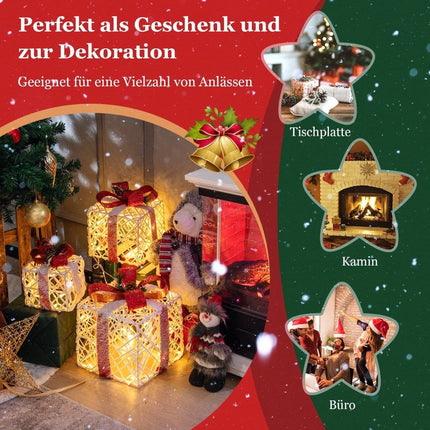 Weihnachtsgeschenkboxen 3er Set Beleuchtete Geschenkboxen mit Schleifen LED-Leuchten 6H Timer