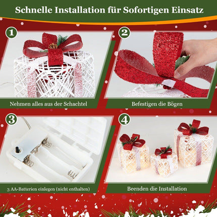 Weihnachtsgeschenkboxen 3er Set Beleuchtete Geschenkboxen mit Schleifen LED-Leuchten 6H Timer