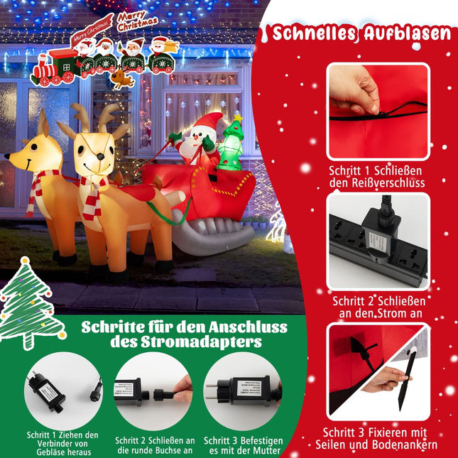 Traîneau gonflable du Père Noël, 220 cm, LED, 2 rennes