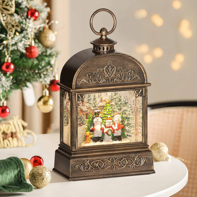 Lanterne boule à neige de Noël avec musique légère, décoration de Noël avec paillettes tourbillonnantes pour cadeau de fête de Noël Bronze