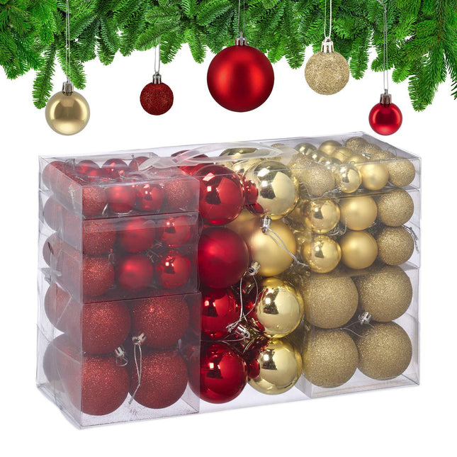 Ensemble de boules de Noël, rouges et dorées, différentes tailles