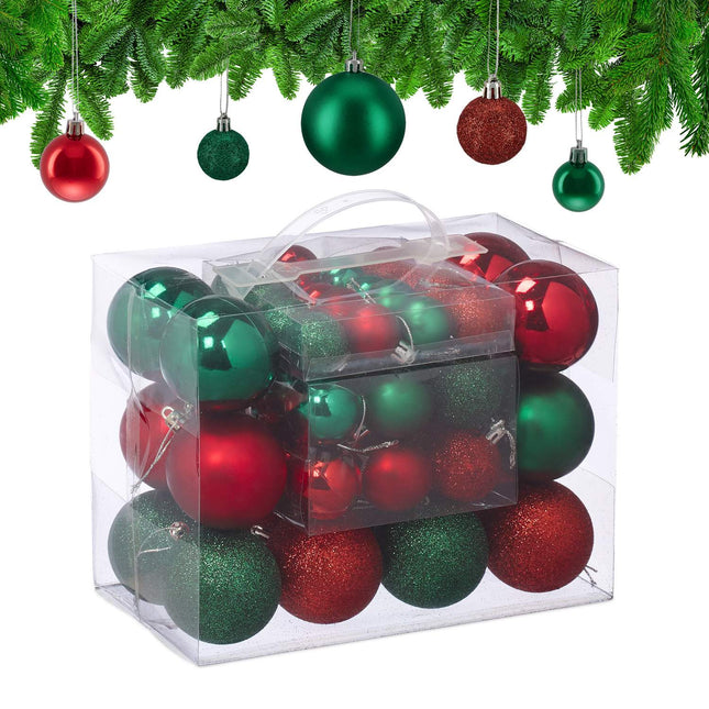 Ensemble de boules de Noël, rouges et vertes, différentes finitions